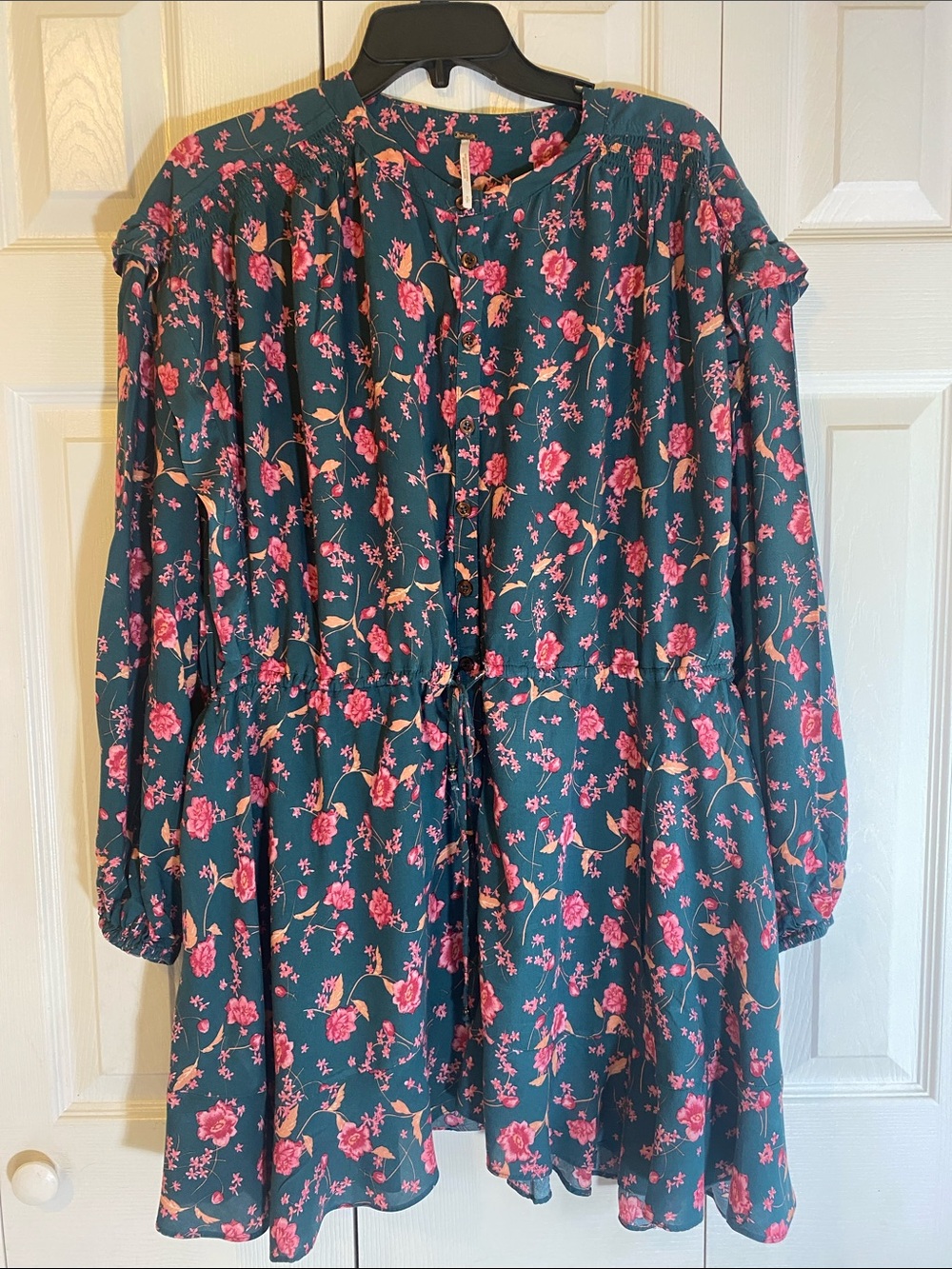 Free People Teal Floral Mini Dress with Pink Rose Print